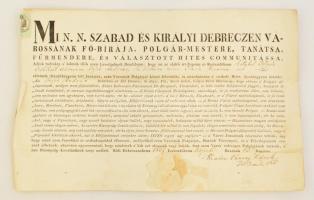 1837 Debrecen sz. kir. város oklevele a város polgárai közé felvett személy részére a polgári eskü szövegével 40x25 cm
