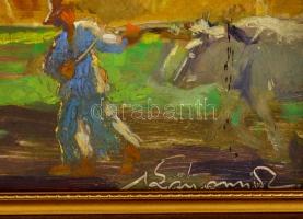 Olvashatatlan jelzéssel: Szántás, olaj, farost, keretben, 24,5×34,5 cm