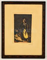 Rudnay Gyula (1878-1957): Pásztorleány, színezett rézkarc, papír, jelzett, üvegezett fa keretben, 24×16 cm
