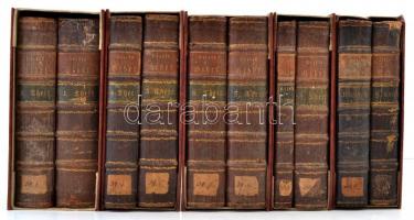 Wilhelm Friedrich Hezel (1754-1824): Die Bibel alten und neuen Testaments mit vollständigen erklärenden Anmerkungen 1-7., 8/2. (6+369-662+2 p.), és 9-10. kötet. Lemgo, 1780-1791 , Mayer. Első kiadás. Német nyelven. Korabeli félbőr-kötés, festett lapélekkel, modern aranyozott gerincű karton védőtokban, a 8. kötetnek csak a második része van meg (8/2 (6+369-662+2 p.) , az első része hiányzik, a borítók és a gerincek kopottak, az 1., a 9., és 10. kötetek gerincén sérülésekkel, az 5., és 6. kötetek gerincén kisebb sérülésekkel,az belül alapvetően jó állapotban. /  Wilhelm Friedrich Hezel (1754-1824): Die Bibel alten und neuen Testaments mit vollständigen erklärenden Anmerkungen 1-7th, 8/2th (6+369-662+2 p.),and 9-10th volumes. Lemgo, 1780-1791 , Mayer. First edition. In German language. Contemporary leather-binding, with colored page edges, in modern box, the first part of the 8th volume is missing, with worn spines and covers, with damaged spine on the 1th, the 9th, and the 10th volumes and little damages on the spines on the 5th and the 6th volumes, but the books are good conditions inside.