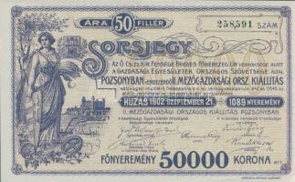 1902. II. Mezőgazdasági Orsz. Kiállítás sorsjegye 50f értékben T:I-