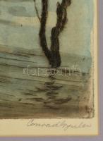 Conrad Gyula (1877-1959): Halászok a Dunán, színezett rézkarc, papír, jelzett, paszpartuban, plexize...