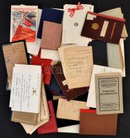 cca 1950 Vegyes papírrégiség tétel, különféle igazolványok, iratok, menükártya, leckekönyv, stb.