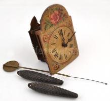 Dekoratív fa ingaóra, súlyokkal, ingával, festett előlappal, rozsdás