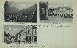 Turnau i. Steiermark, Hauptplatz, Postgasse, Gemischtwarenhandlung. Karl Schwidernoch / main square, street view with shop