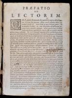 [Marcus Tullius Cicero]: [M. Tullii Ciceronis Opera Omnia cum selectisimis Jani Gruteri & variorum notis, Ac Indicelocupletissimo, accurante Cornelio Schrevelio. Ad exemplar editionis Elzevirianae. Accedunt nova huic Editioni Dion. Gothofredi argumenta.] [Basileae (Basel)], [1687],[ Joh. Rodolphi Genathii], 1 sztl. lev.+1393. p.+17 sztl. lev. Latin nyelven. Korabeli pregamen-kötésben, modern aranyozott gerincű karton védőtokban, kopott, foltos, sérült borítóval, sérült kötéssel, az elülső szennylap, a címkép, a címlap és egy lap hiányzik, a végén az 1390-tól a lapok kijárnak, egy-két aláhúzással, az elülső kötéstáblán és a hátsó szennylapon bejegyzésekkel. / In Latin, parchment-binding, damaged