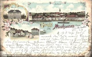 1898 Mauthausen, Volksschule, Marktplatz / school, market scqaure. Kunstanstalt Karl Schwidernoch Art Nouveau, floral, litho (EK)