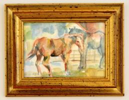 Varga Ágnes (1954-): Lovak. Akvarell, papír, jelzett, üvegezett keretben, 11×16 cm