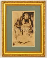 Prihoda István (1891-1956): Merengő kislány. Rézkarc, papír, jelzett, üvegezett fa keretben, 29×18 cm