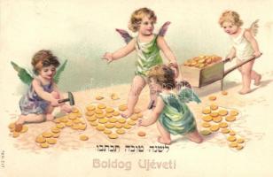 1911 Boldog Új évet! Héber nyelvű újévi üdvözlőlap / Jewish New Year greeting art postcard with Hebrew text. Judaica Emb. litho