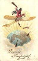 1913 Krampusz repülőgépben a földgömb körül / Krampus in airplane around the globe. Special 5101. Emb. litho