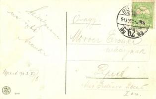 1913 Krampusz repülőgépben a földgömb körül / Krampus in airplane around the globe. Special 5101. Em...