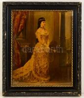 cca 1900 Erzsébet királyné (Sisi, 1854-1898) egész alakos portréja, olajnyomat, fa keretben, 50x38 cm
