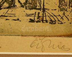 Ősz Dénes (1915-1980): Udvar. Színezett rézkarc, papír, jelzett, 20×30 cm