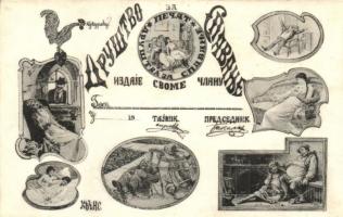Az alvás szövetségesei. Humoros szerb szecesszionista képeslap / Association of Sleep. Serbian Art Nouveau humorous art postcard