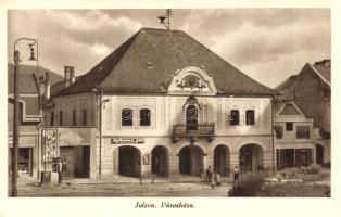 Jolsva, Jelsava; Városháza, Kaufmann Jenő üzlete, kerékpár. Hangya Szövetkezet kiadása / town hall, shops, bicycle (EK)