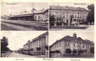 Komárom, Komárno; Vasútállomás, M. kir. Frigyes főherceg huszár laktanya, Igmándi út, Járásbíróság / railway station, military hussar barracks, street view, court