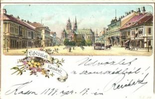 1899 Kassa, Kosice; Fő tér lóvasúttal és Nagy szállóval, Adria üzlet / main square with horse-drawn tram and Grand Hotel, shop. Floral, litho (Rb)