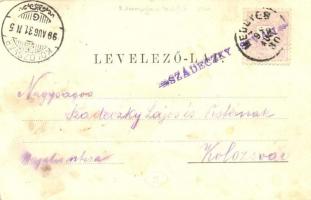 1899 Medgyes, Mediasch, Medias; látkép, Evangélikus templom, üzletek. Fritz Guggenberger kiadása / g...