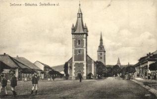 Gálszécs, Secovce; Utcakép templomokkal / Stefanikova ul. / street view with churches