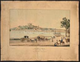 cca 1800 Presburg / Pozsony színezett rézmetszetű látképe a Duna túlpartjáról. A folyón hajókkal, az...