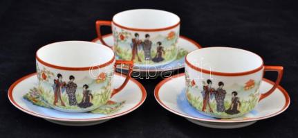 Jelzett gésás teás csésze és alj (3db), részben kézzel festett, egyiken hajszálrepedés