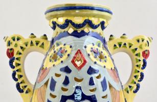 cca 1890 Fischer Emil áttört padlóváza, kézzel festett mázas keménycserép,restaurált, nagyon apró le...