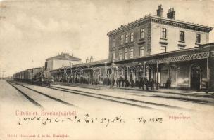 Érsekújvár, Nové Zámky; Vasútállomás, gőzmozdony. Conlegner J. és Fia kiadása / railway station, locomotive (EK)