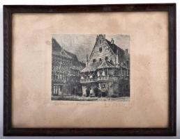 Olvashatatlan jelzéssel: Középkori városrészlet, rézkarc, üvegezett keretben, 9x11 cm