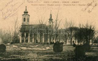 1908 Zimony, Zemun, Semlin; Erzsébet sétatér templomokkal. W.L. 905. / perivoj / Elisabeth Park / park with churches