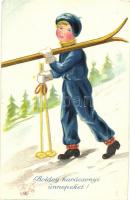 Boldog Karácsonyi Ünnepeket! Síelő, téli sport / Christmas greeting card with skier, skiing, winter sport (EK)