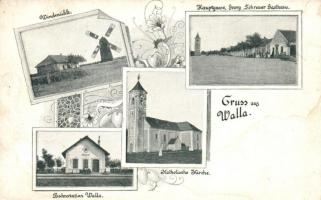 ~1899 Valla, Wallern im Burgenland; Szélmalom, vasútállomás, Katolikus templom, Fő utca, Georg Schreuer vendéglője / Windmühle, Kirche, Bahnhof, Hauptgasse, Gasthaus / windmill, church, railway station, restaurant. Art Nouveau, floral  (fl)