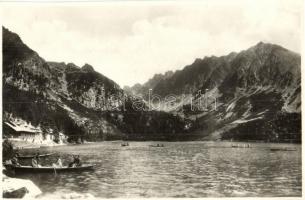 Tátra, Poprádi tó, menház, csónakázók / Poppersee / Popradské Pleso / lake, rest house, rowing boats