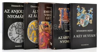 Dümmerth Dezső 5 könyve:  A két Hunyadi, Álmos, az áldozat, Az Ajnou-ház nyomában, Az árpádok nyomában. Bp.,1977-1986, Panoráma. Kiadói egészvászon-kötés, kiadói papír védőborítóban.  Emese álma - virrasztó géniusz. Bp.,1987, Ifjúsági Lap és Könyvkiadó. Kiadói papírkötés.