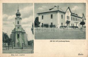 Zseliz, Zeliezovce; Római katolikus templom, M. kir. téli gazdasági iskola. Laufer Ernő kiadása / Catholic church,  economic school (kopott sarkak / worn corners)