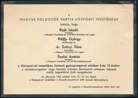 1956 Rajk László, és társainak újratemetésének értesítője, gyűrődéssel.