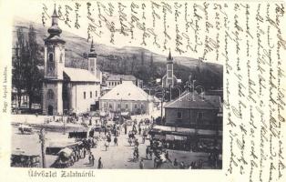 1904 Zalatna, Zlatna; Piac tér, árusok, templomok, üzlet. Nagy Árpád kiadása / market square, vendors, churches, shop (EK)