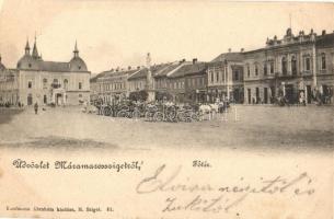 Máramarossziget, Sighetu Marmatiei; Fő tér, Korona szálloda, étterem és kávéház, Klein D. üzlete. Kaufmann Ábrahám kiadása / main square, hotel, café, restaurant, shops (EK)