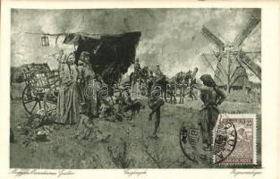 Cigányok, szélmalom, folklór / Zigeunerlager / Hungarian art postcard, Gypsy folklore, windmill. TCV card s: Magyar Mannheimer Gusztáv