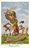 Hajrá előre! Humoros honvéd grafikai lap / WWII Hungarian military humor art postcard. s: Kaszás Jámbor (EK)