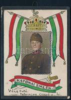 cca 1930-1940 Katona fotója, koronás, nemzeti lobogós kartonon, Debrecen, Végh fotó, üvegezett keretben, 3,5x5,5 cm.