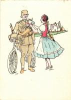 Honvéd katona bevonuláskor honleánnyal és kerékpárral. Kiadja a Defhe Aradi Temesi Bánság / WWII entry of the Hungarian troops, bicycle, compatriot woman, bouquet. military art postcard