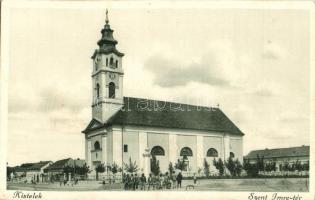 Kistelek, Szent Imre tér, templom. Első Tiszáninneni Gazdaszövetség, Kisteleki fogyasztási szövetkezet kiadása (EK)