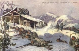 Deutsch-österr.-ung. Truppen in Serbien / WWI Austro-Hungarian K.u.K. and German troops in Serbia, soldiers in the snow, winter. B. K. W. I. 259-185. s: Ranzenhofer + K.u.K. Artilleriegruppenkmdo Hptm. Risser Feldpostamt 611. (EK)