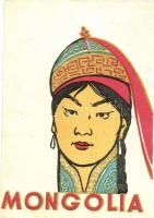 Mongolian folklore art postcard, traditional costume (vágott / cut)