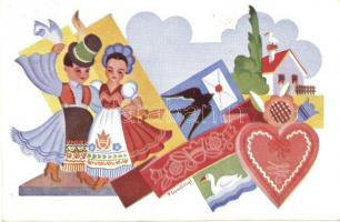 3 db régi magyar folklór motívumlap Bernáth és Klaudinyi aláírásával, népviselet / 3 pre-1945 Hungar...