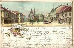 1900 Kassa, Kosice; Fő utca, Adrianyi Marko üzlete, lóvasút / main street, shop, horse-drawn tram. Floral, Art Nouveau, litho (Rb)