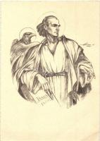 3 db régi Márton L. művészlap, freskó karton az abasári templomhoz: Lukács, János, Máté evangelisták...