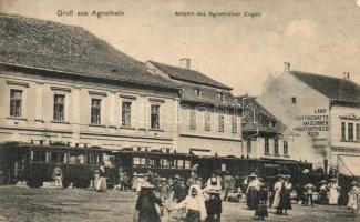 Szentágota, Agnetheln, Agnita; Városi vasúti vonat indulása, Mayfarth & Co. üzlete, kiadja Wilhelm Fernengel / departure of the urban railway's train, shop (Rb)