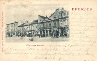 1899 Eperjes, Presov; Fő utca, Népbank, Központi kávéház, Kósch Árpád kiadása / bank, central cafe, shops, main street  (kopott sarkak  / worn corners)